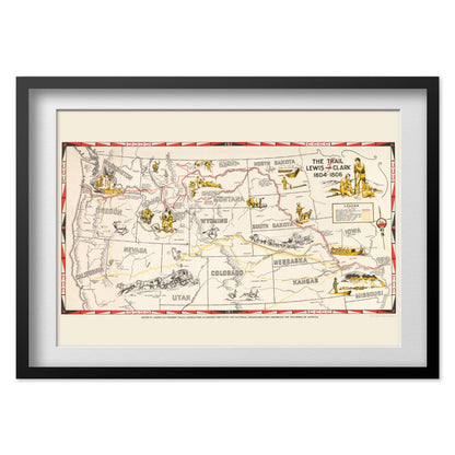 Lewis & Clark Trail Map print in a black frame with a white mat