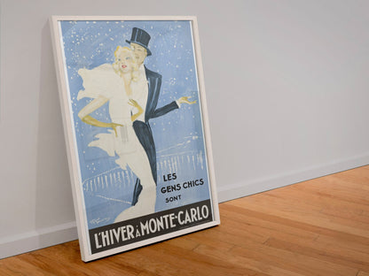 L Hiver a Monte-Carlo poster in a white frame leaning against a wall