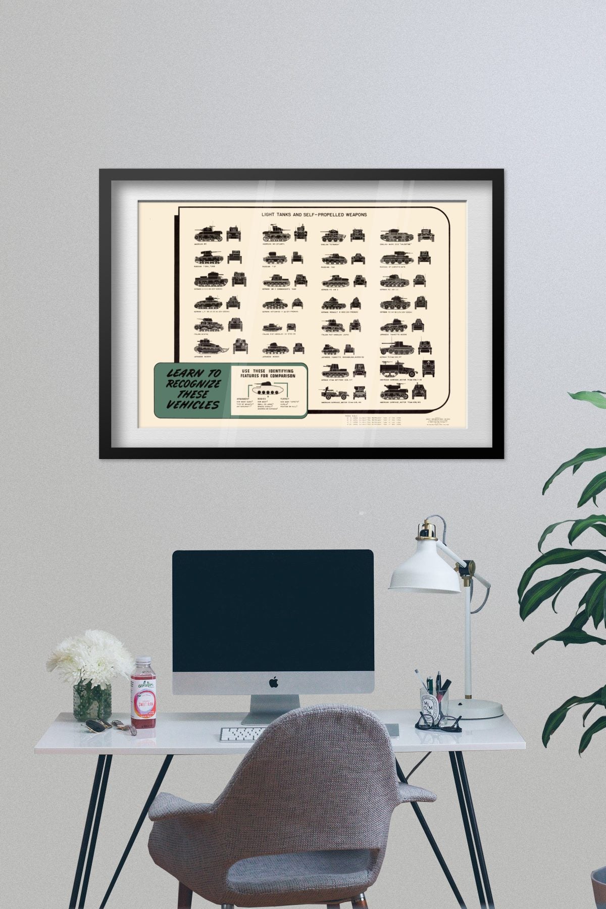 Light Tank Recognition Chart poster framed on a grey wall above a desk