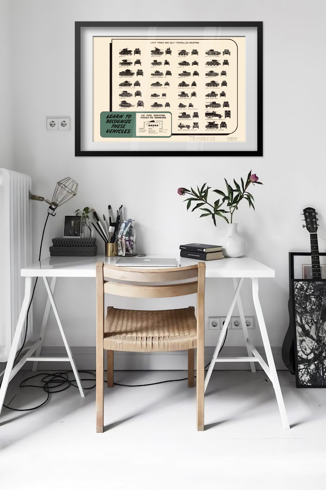 Light Tank Recognition Chart poster framed above a desk in a bright white room