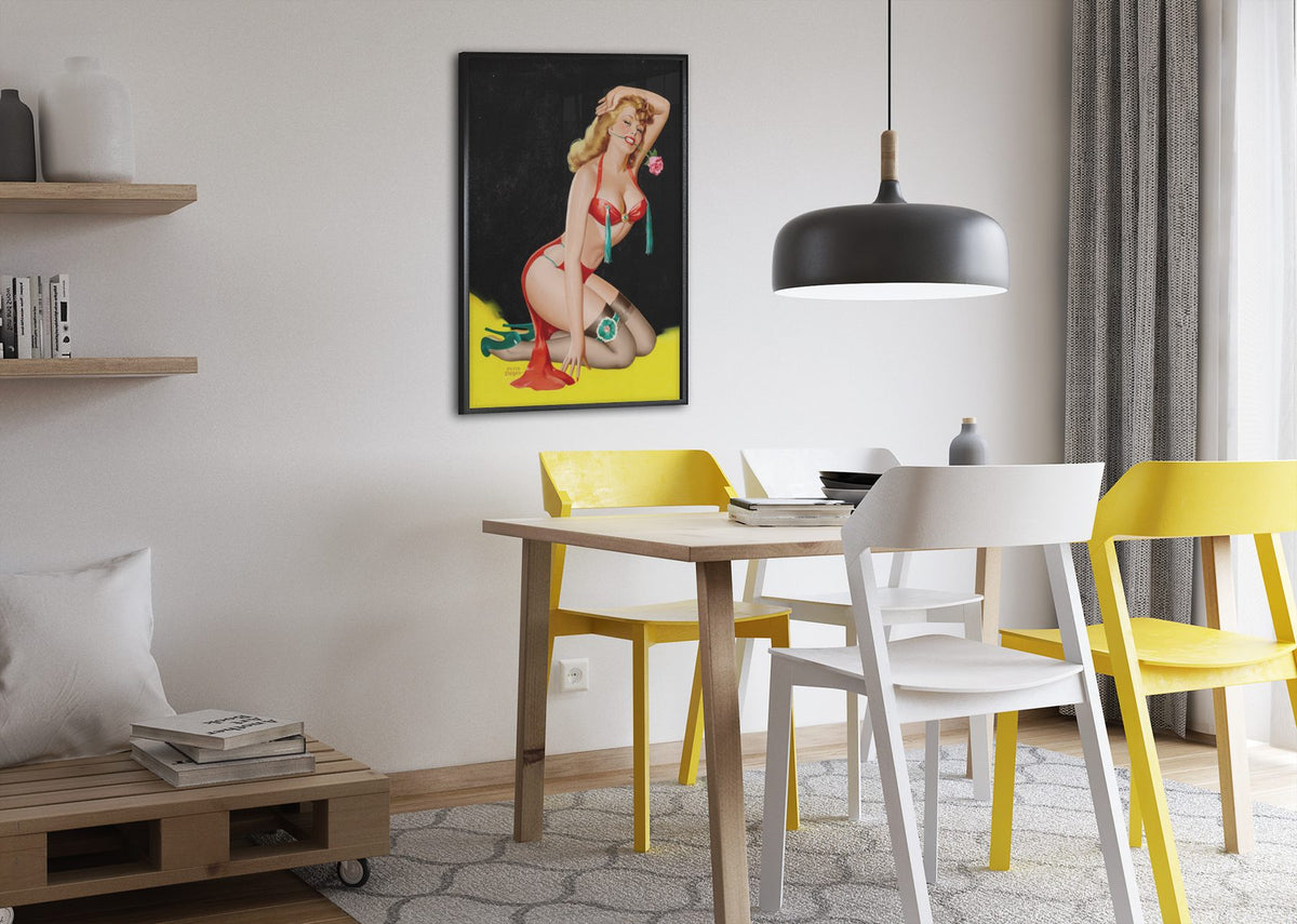 Like My Tassels poster framed above a dining table