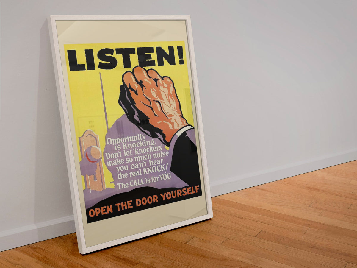 Listen poster in a white frame leaning against a wall