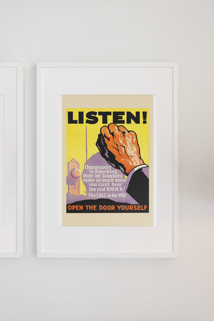 Listen poster in a white frame on a light wall
