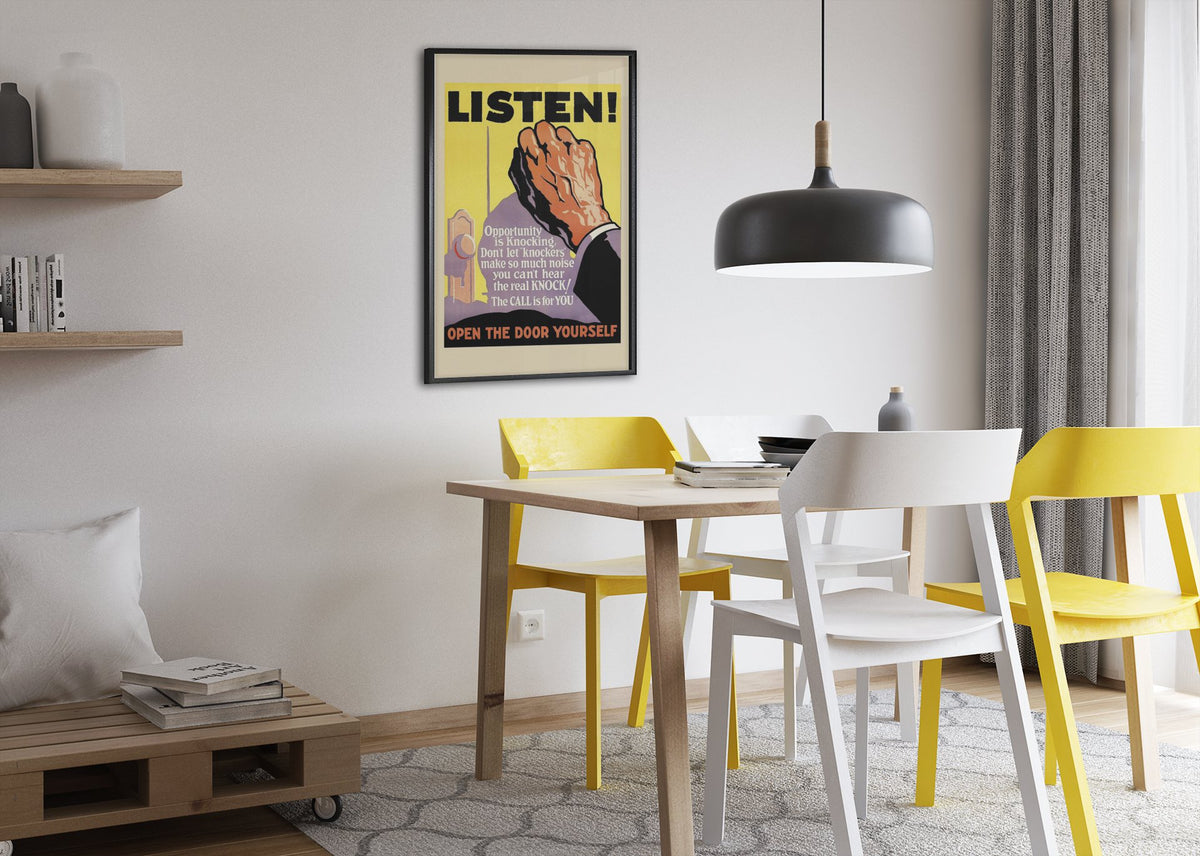 Listen poster framed above a dining table