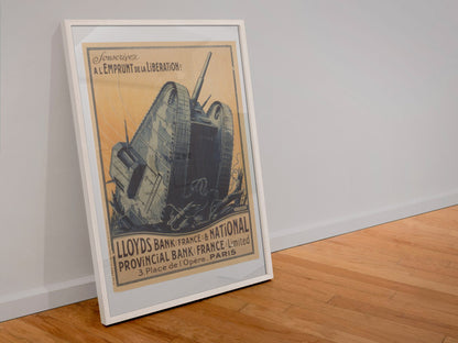 Lloyds Bank Liberation Loan Tank poster in a white frame leaning against a wall