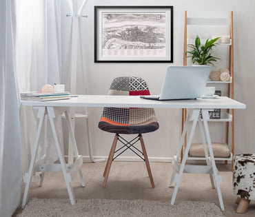 London 1560 Map print framed above a white desk in a home office