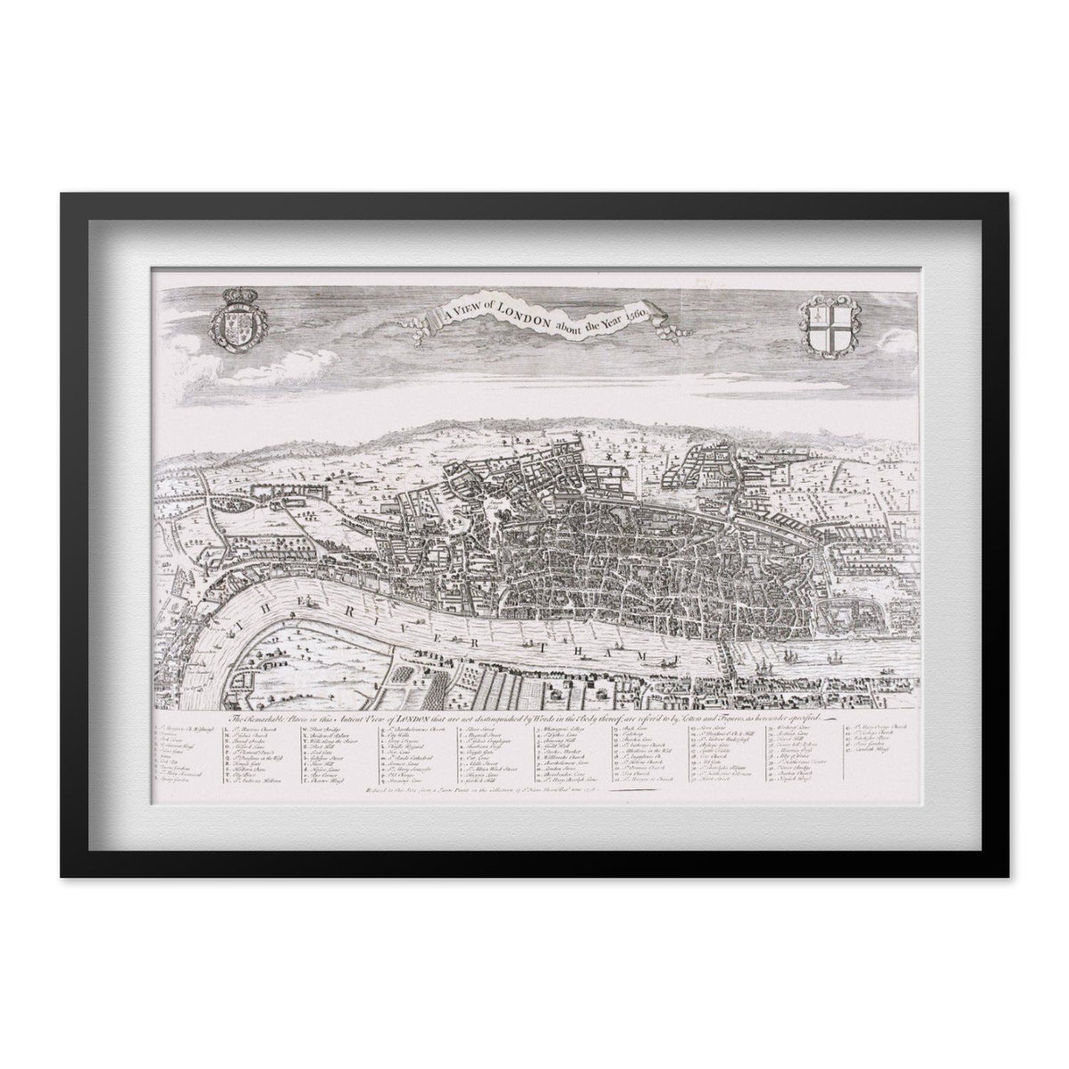 London 1560 Map print in a black frame with a white mat