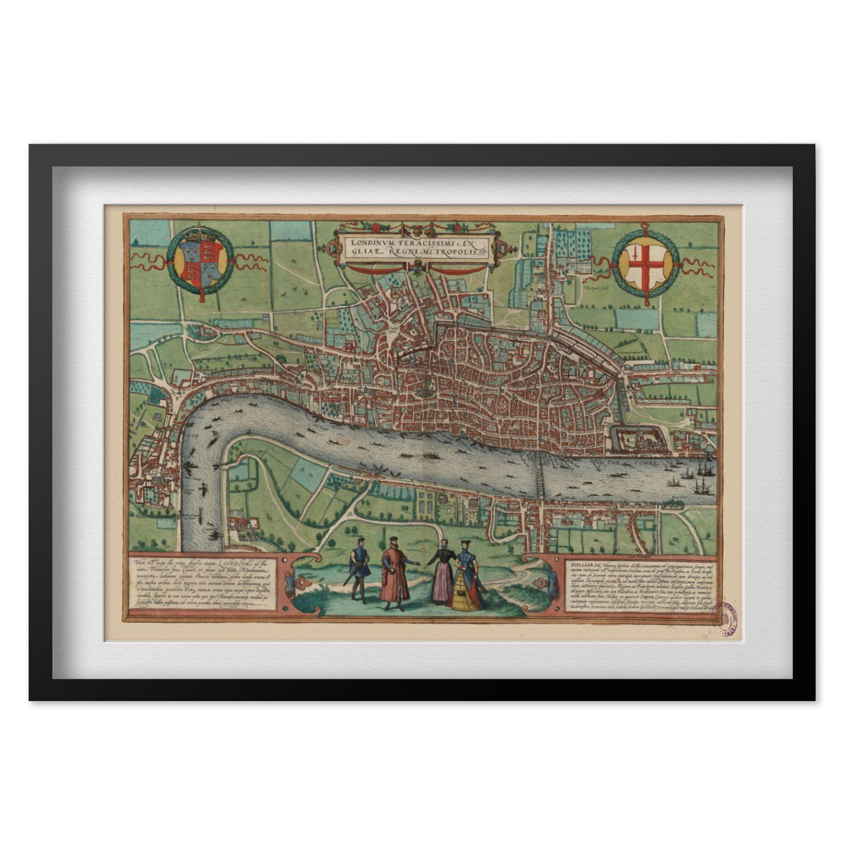 London 1561 Map print in a black frame with a white mat