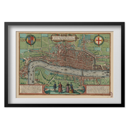 London 1561 Map print in a black frame with a white mat