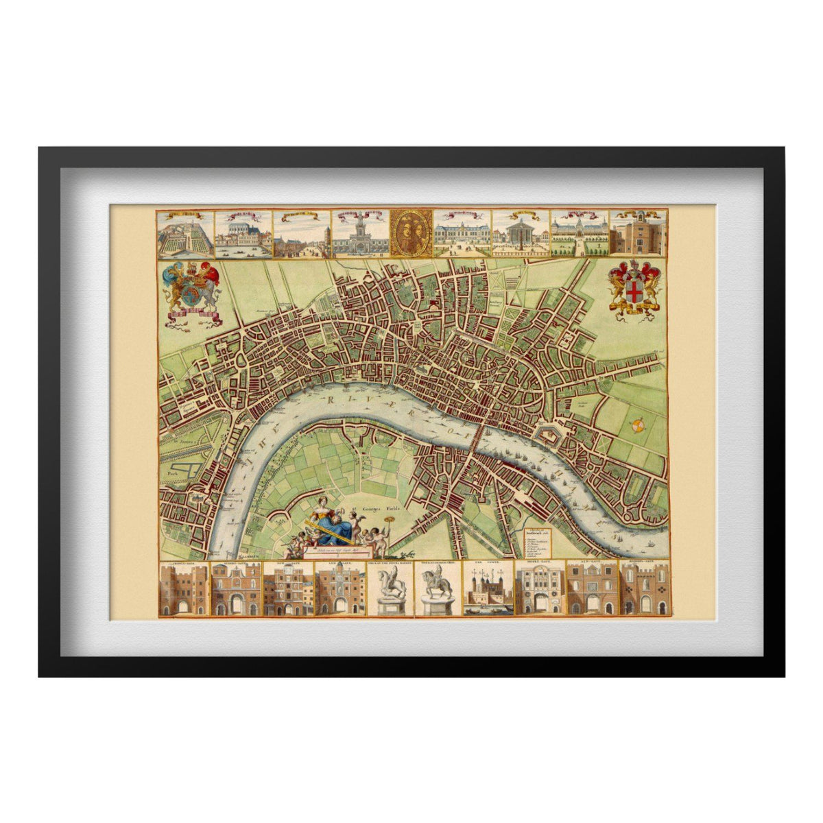 London 1688 Map print in a black frame with a white mat