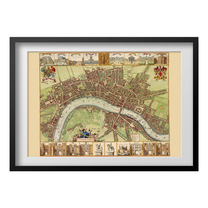 London 1688 Map print in a black frame with a white mat
