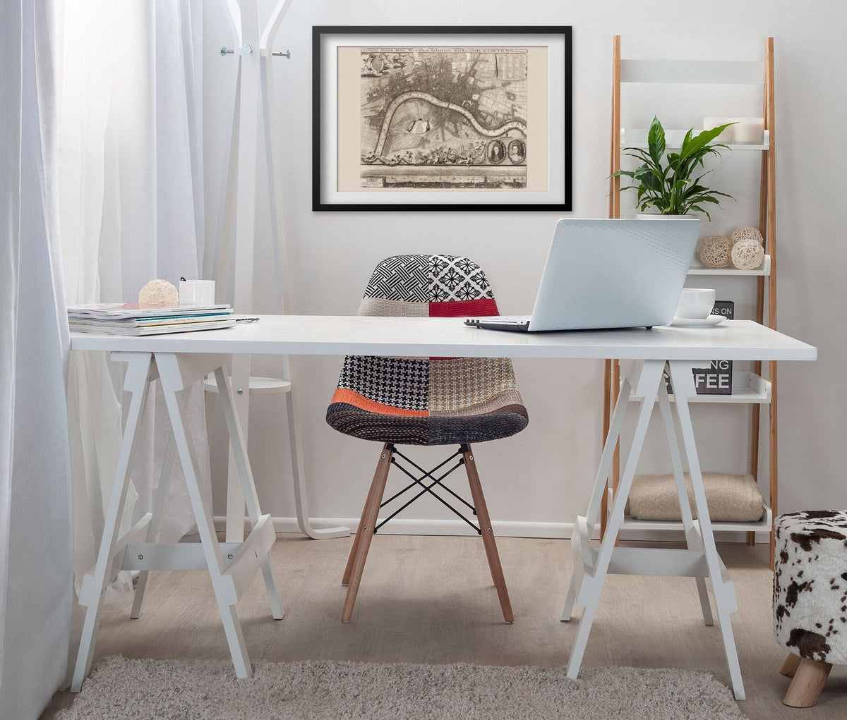 London 1693 Map print framed above a white desk in a home office