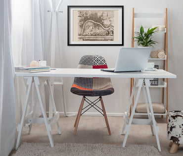 London 1693 Map print framed above a white desk in a home office