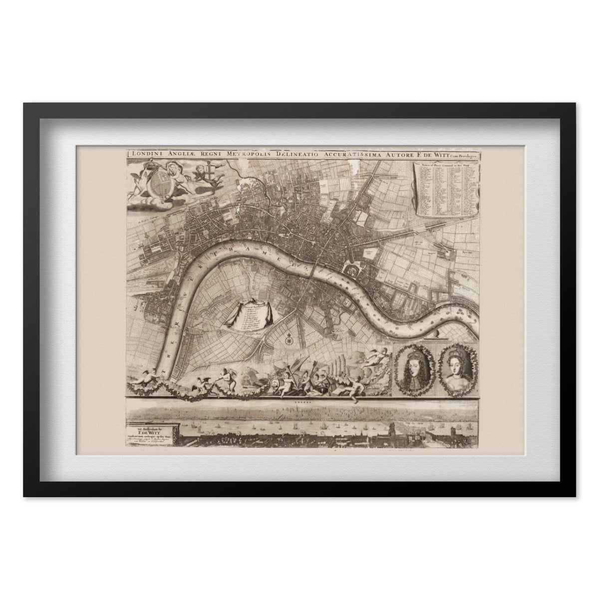 London 1693 Map print in a black frame with a white mat