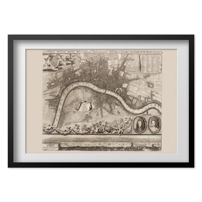 London 1693 Map print in a black frame with a white mat