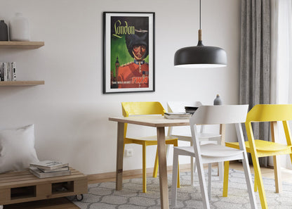London Fly TWA Royal Guard poster framed above a dining table
