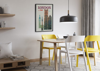 London Fly TWA poster framed above a dining table