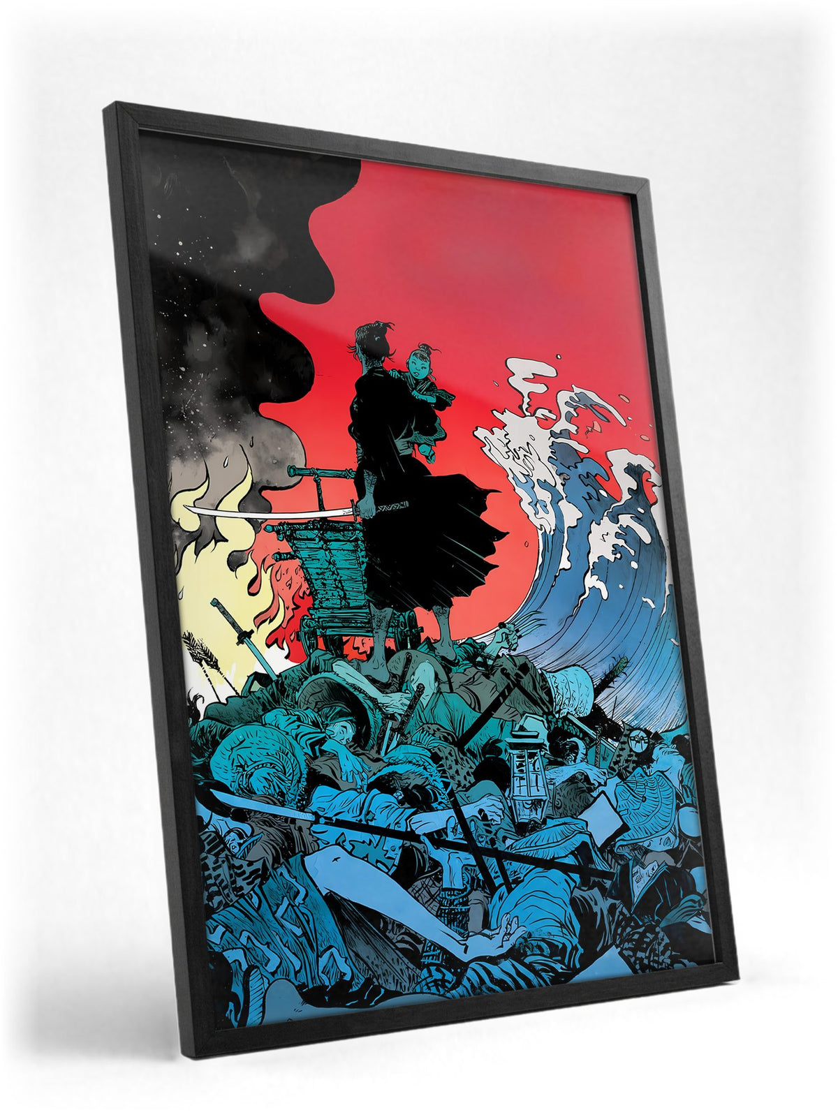Lone Wolf and Cub: Sword of Vengeance (1972) Ukiyo-e Wave Art poster in a black frame with glass leaning against a wall