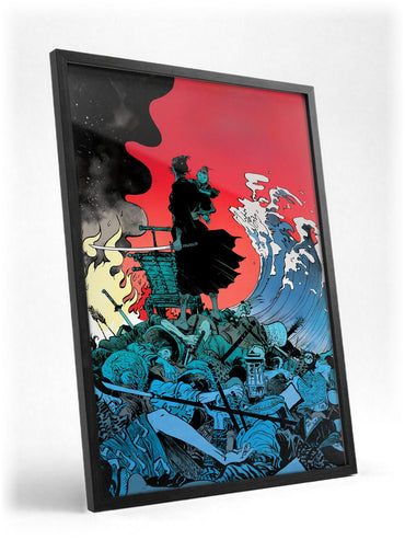 Lone Wolf and Cub: Sword of Vengeance (1972) Ukiyo-e Wave Art poster in a black frame with glass leaning against a wall