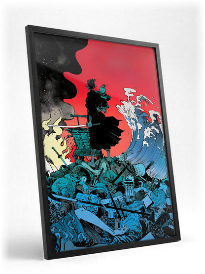 Lone Wolf and Cub: Sword of Vengeance (1972) Ukiyo-e Wave Art poster in a black frame with glass leaning against a wall