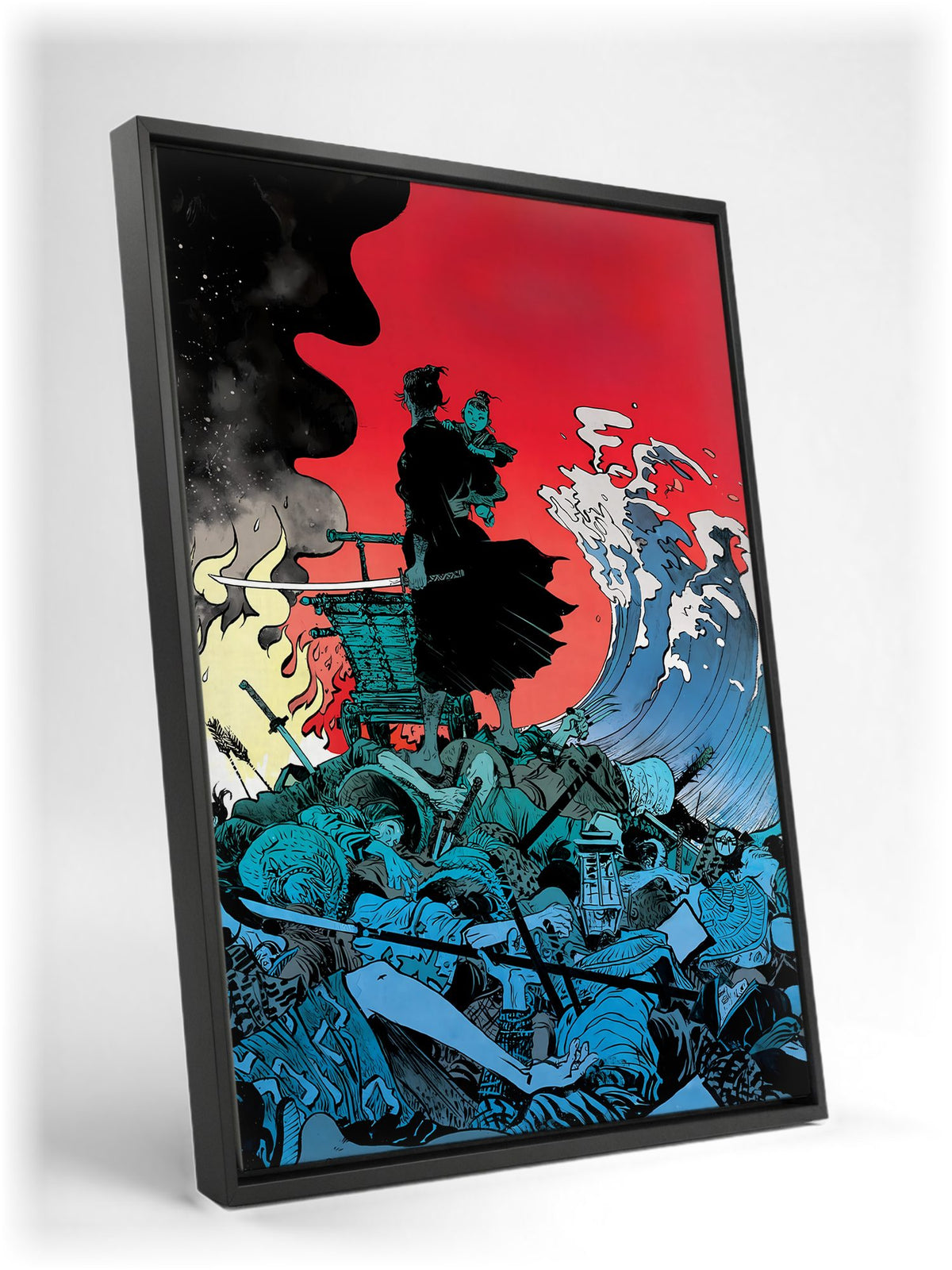 Lone Wolf and Cub: Sword of Vengeance (1972) Ukiyo-e Wave Art as a black floater framed canvas leaning against a wall