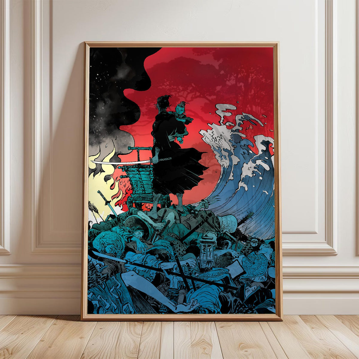 Lone Wolf and Cub: Sword of Vengeance (1972) Ukiyo-e Wave Art poster in a light oak frame leaning against a white wall