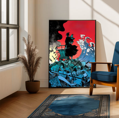 Lone Wolf and Cub: Sword of Vengeance (1972) Ukiyo-e Wave Art poster framed beside a blue armchair in a sunlit room