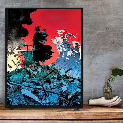 Lone Wolf and Cub: Sword of Vengeance (1972) Ukiyo-e Wave Art poster in a black frame on a wooden shelf against concrete