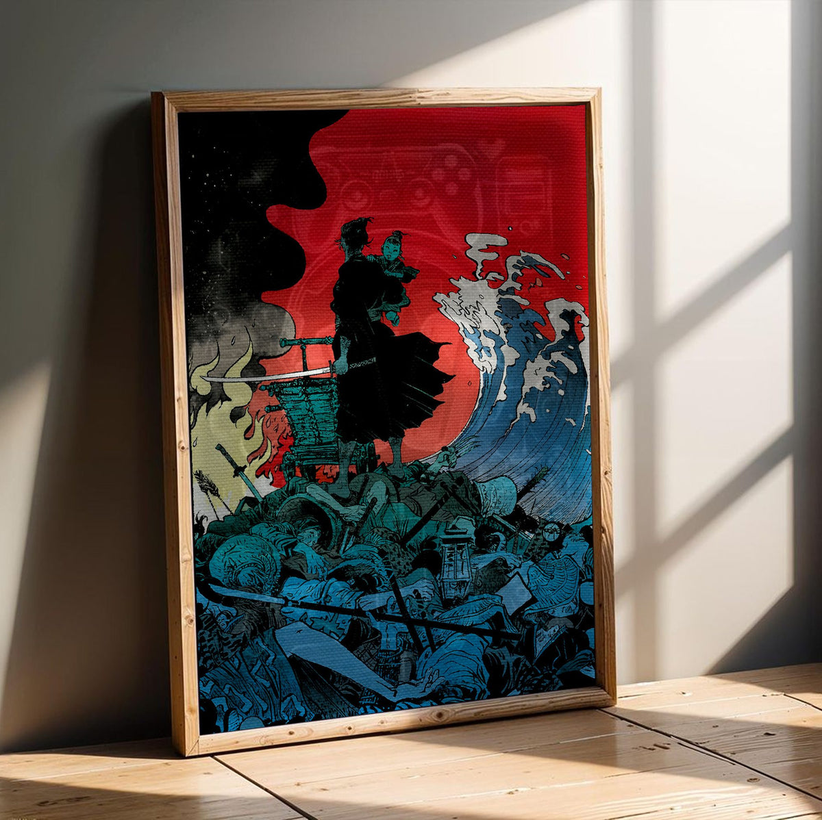 Lone Wolf and Cub: Sword of Vengeance (1972) Ukiyo-e Wave Art poster in an oak frame leaning on a wooden floor