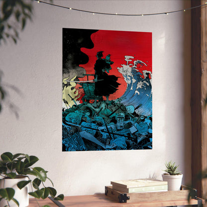 Lone Wolf and Cub: Sword of Vengeance (1972) Ukiyo-e Wave Art poster unframed on a white wall above a desk