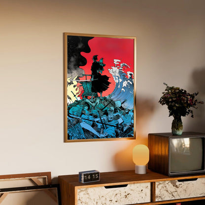 Lone Wolf and Cub: Sword of Vengeance (1972) Ukiyo-e Wave Art poster in an oak frame above a sideboard