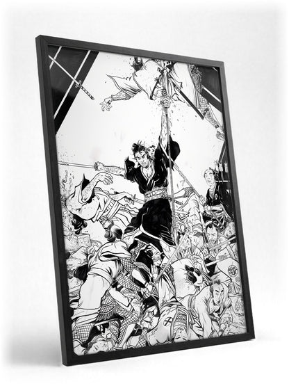 Lone Wolf and Cub: Sword of Vengeance (1972) Ink Illustration Art poster in a black frame with glass leaning against a wall