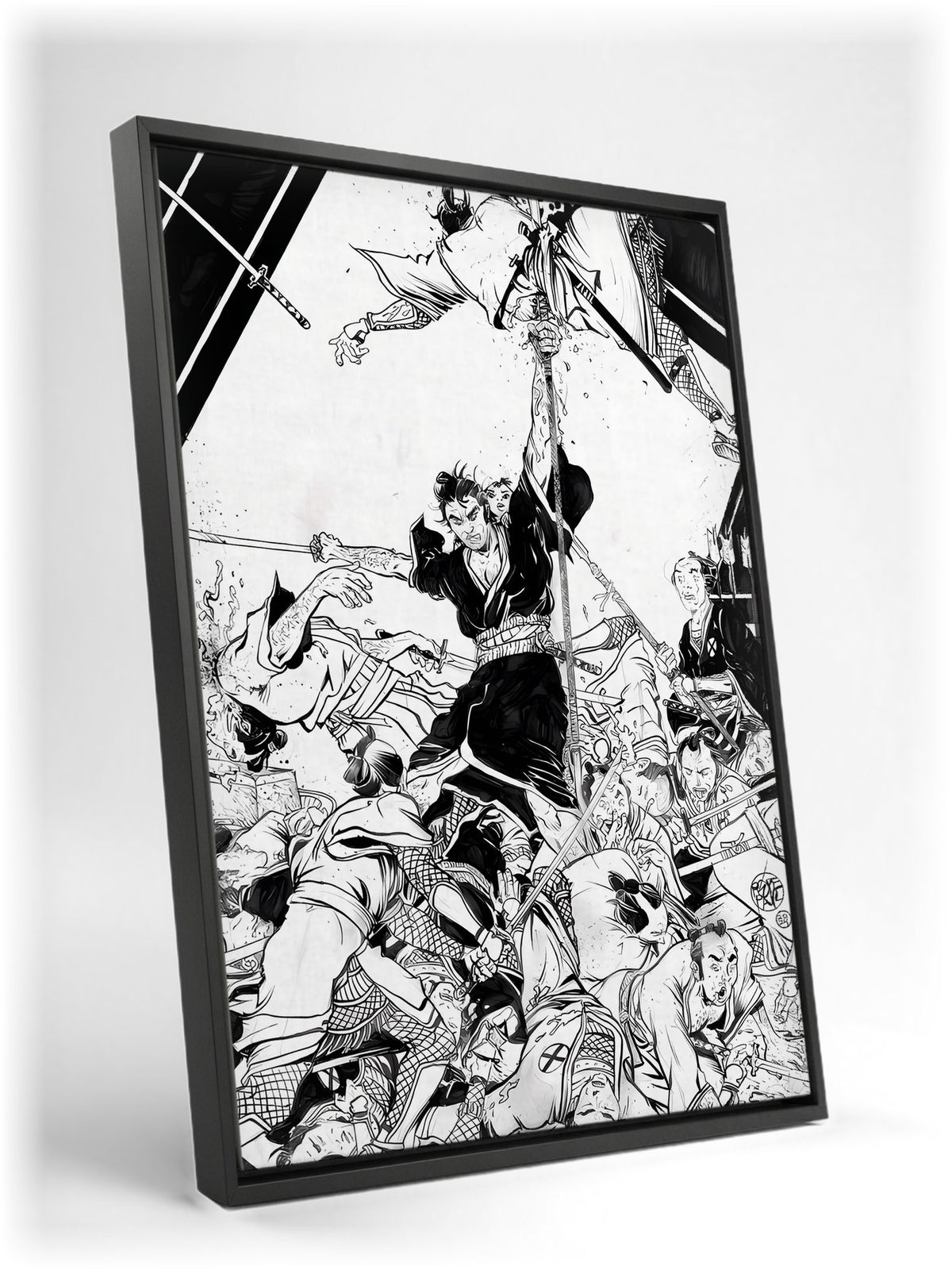 Lone Wolf and Cub: Sword of Vengeance (1972) Ink Illustration Art as a black floater framed canvas leaning against a wall