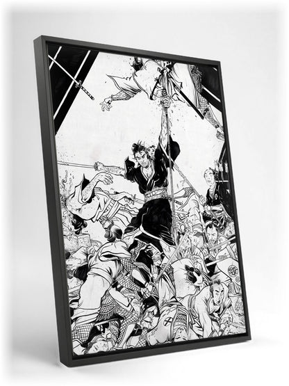 Lone Wolf and Cub: Sword of Vengeance (1972) Ink Illustration Art as a black floater framed canvas leaning against a wall