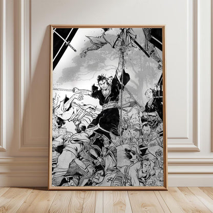 Lone Wolf and Cub: Sword of Vengeance (1972) Ink Illustration Art poster in a light oak frame leaning against a white wall