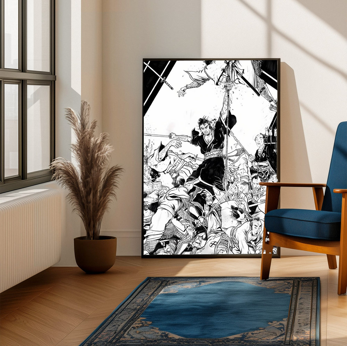 Lone Wolf and Cub: Sword of Vengeance (1972) Ink Illustration Art poster framed beside a blue armchair in a sunlit room