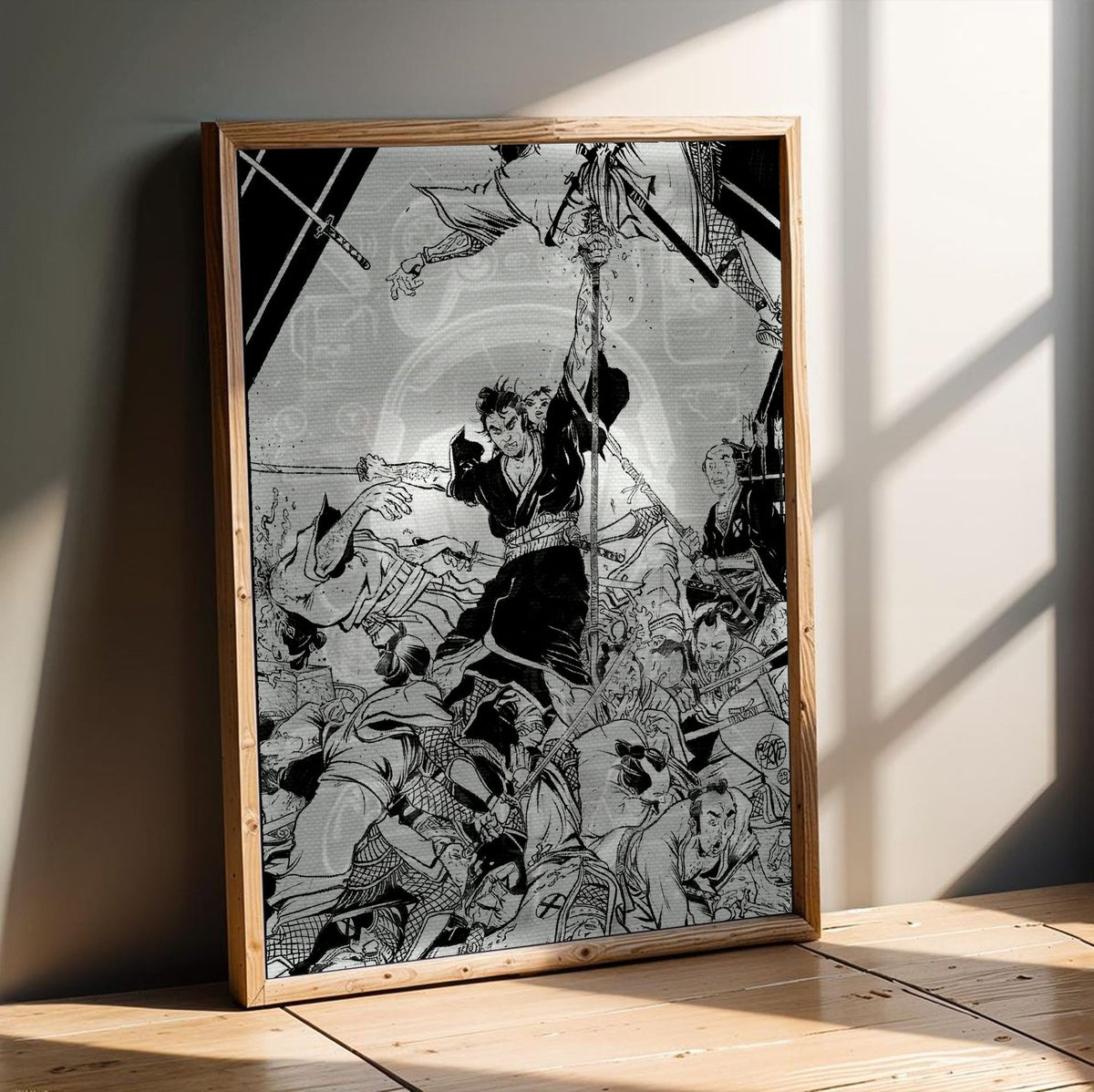 Lone Wolf and Cub: Sword of Vengeance (1972) Ink Illustration Art poster in an oak frame leaning on a wooden floor