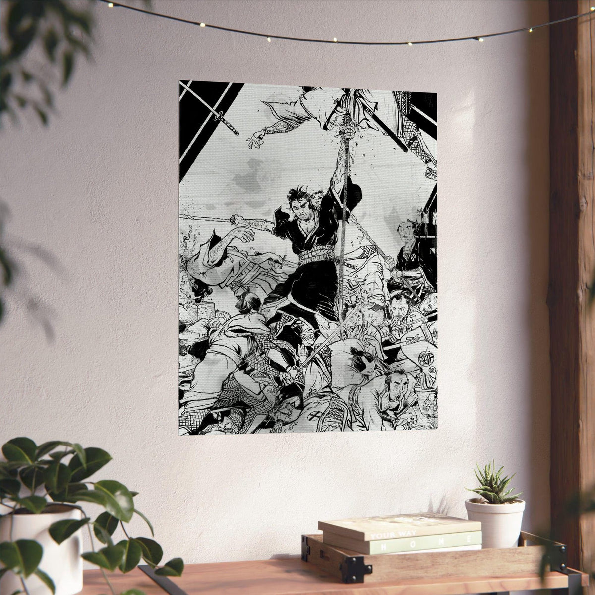 Lone Wolf and Cub: Sword of Vengeance (1972) Ink Illustration Art poster unframed on a white wall above a desk