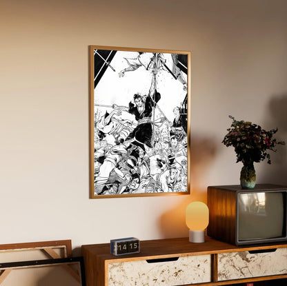 Lone Wolf and Cub: Sword of Vengeance (1972) Ink Illustration Art poster in an oak frame above a sideboard