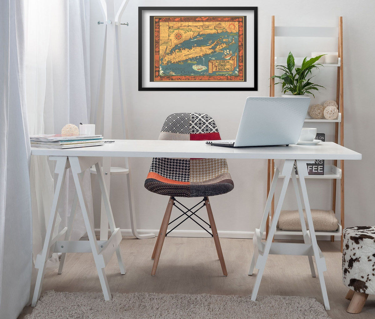 Long Island 1930s Map print framed above a white desk in a home office