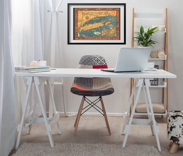 Long Island 1930s Map print framed above a white desk in a home office