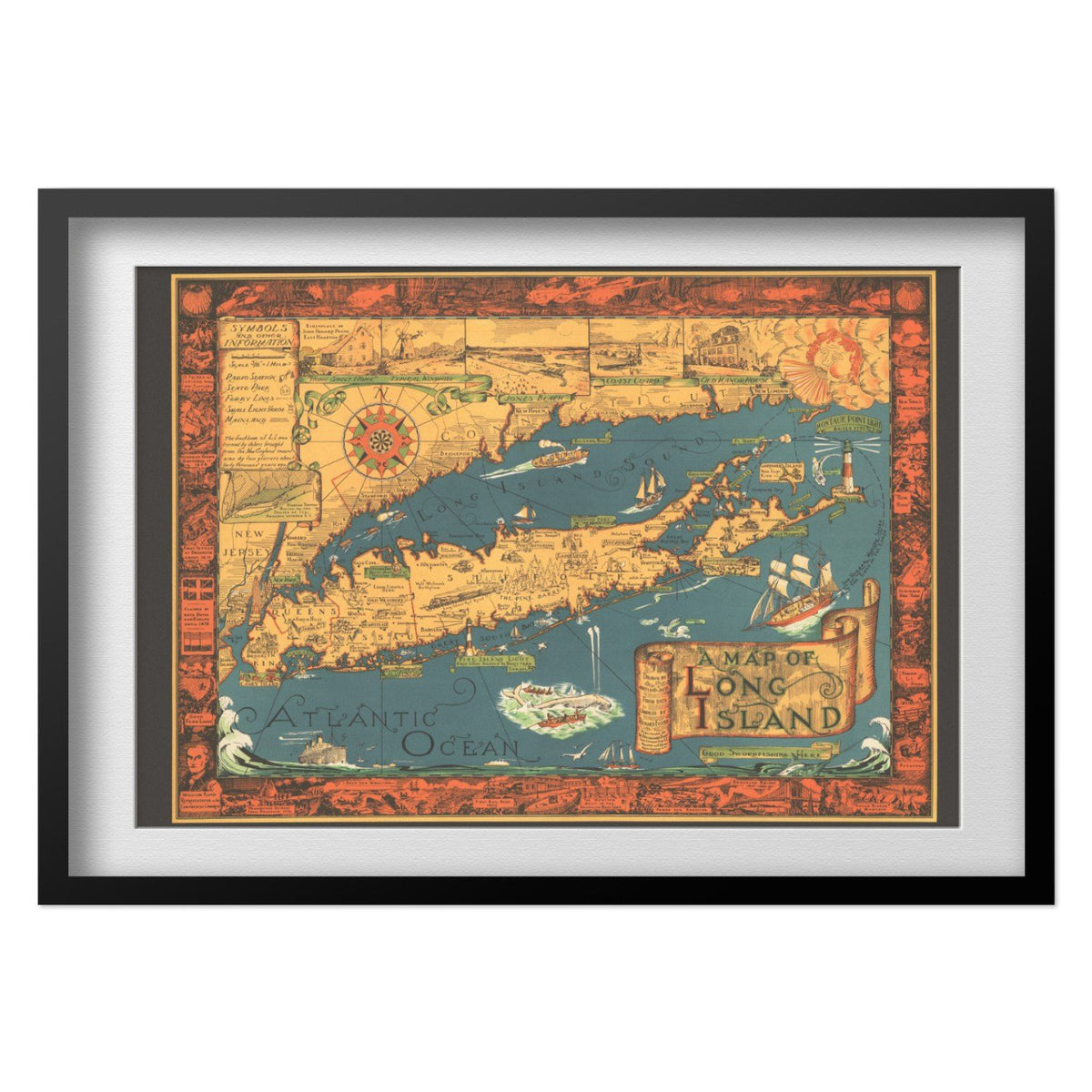 Long Island 1930s Map print in a black frame with a white mat