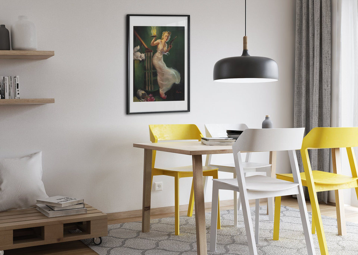 Looking for Trouble by Gil Elvgren, pin-up poster — dining room