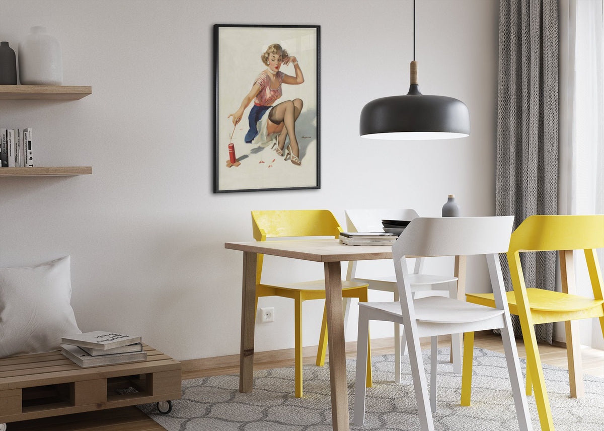 Looking for Trouble by Gil Elvgren, pin-up poster — dining room