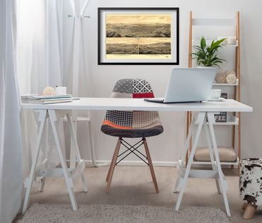 Los Angeles 1877 Panoramic Map framed above a white desk in a home office