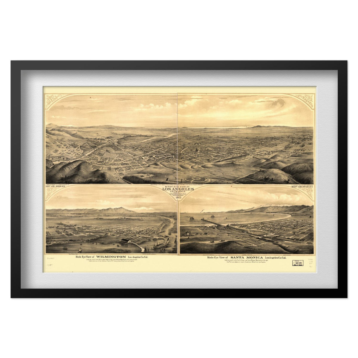Los Angeles 1877 Panoramic Map print in a black frame