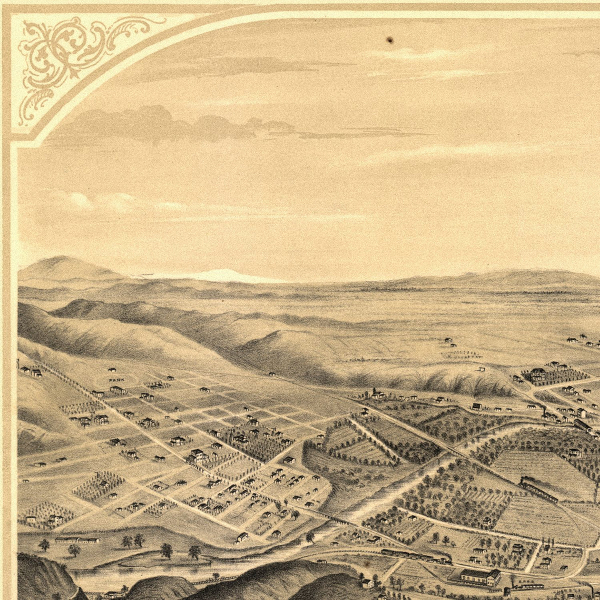 Close-up detail of the Los Angeles 1877 Panoramic Map print
