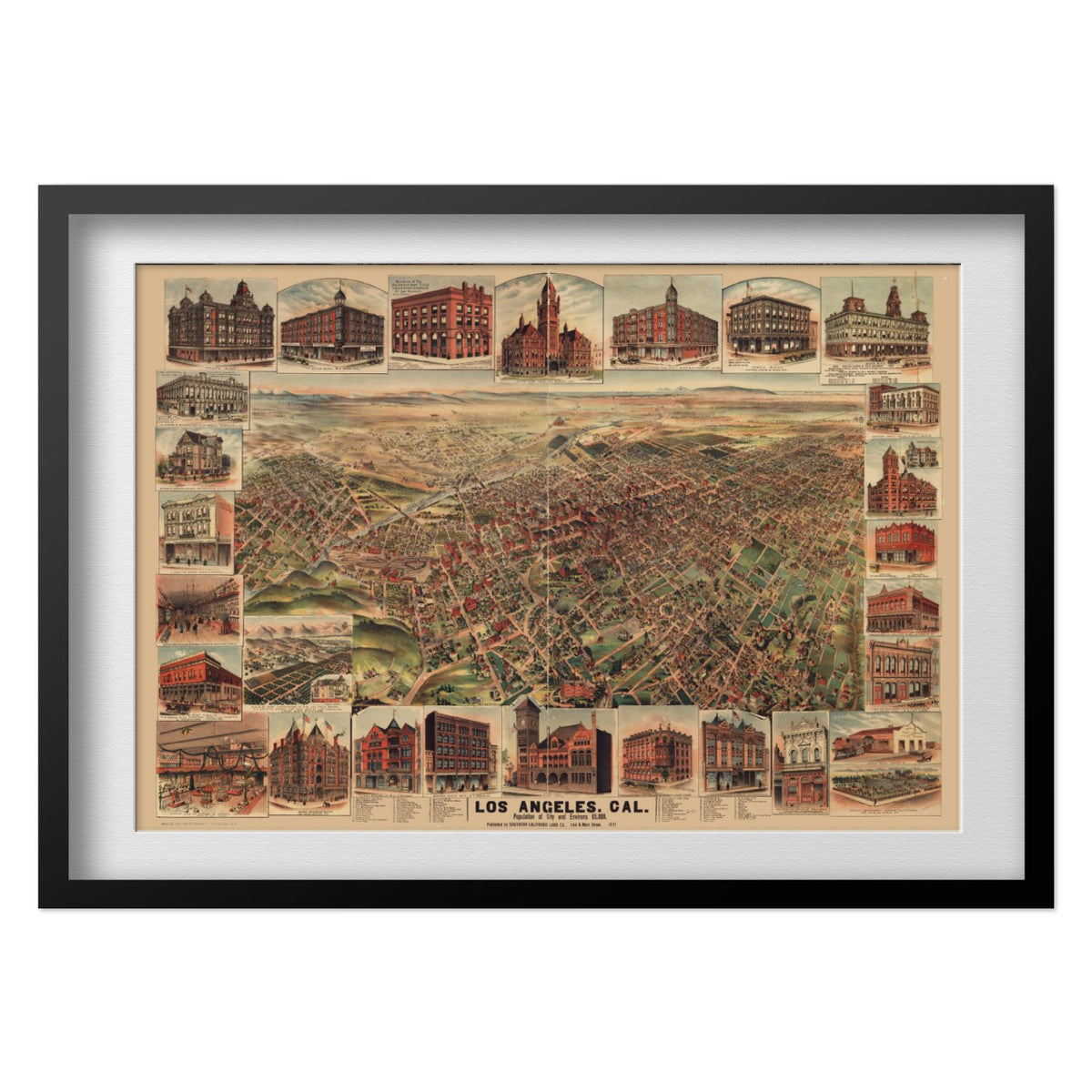 Los Angeles 1891 Panoramic Map print in a black frame