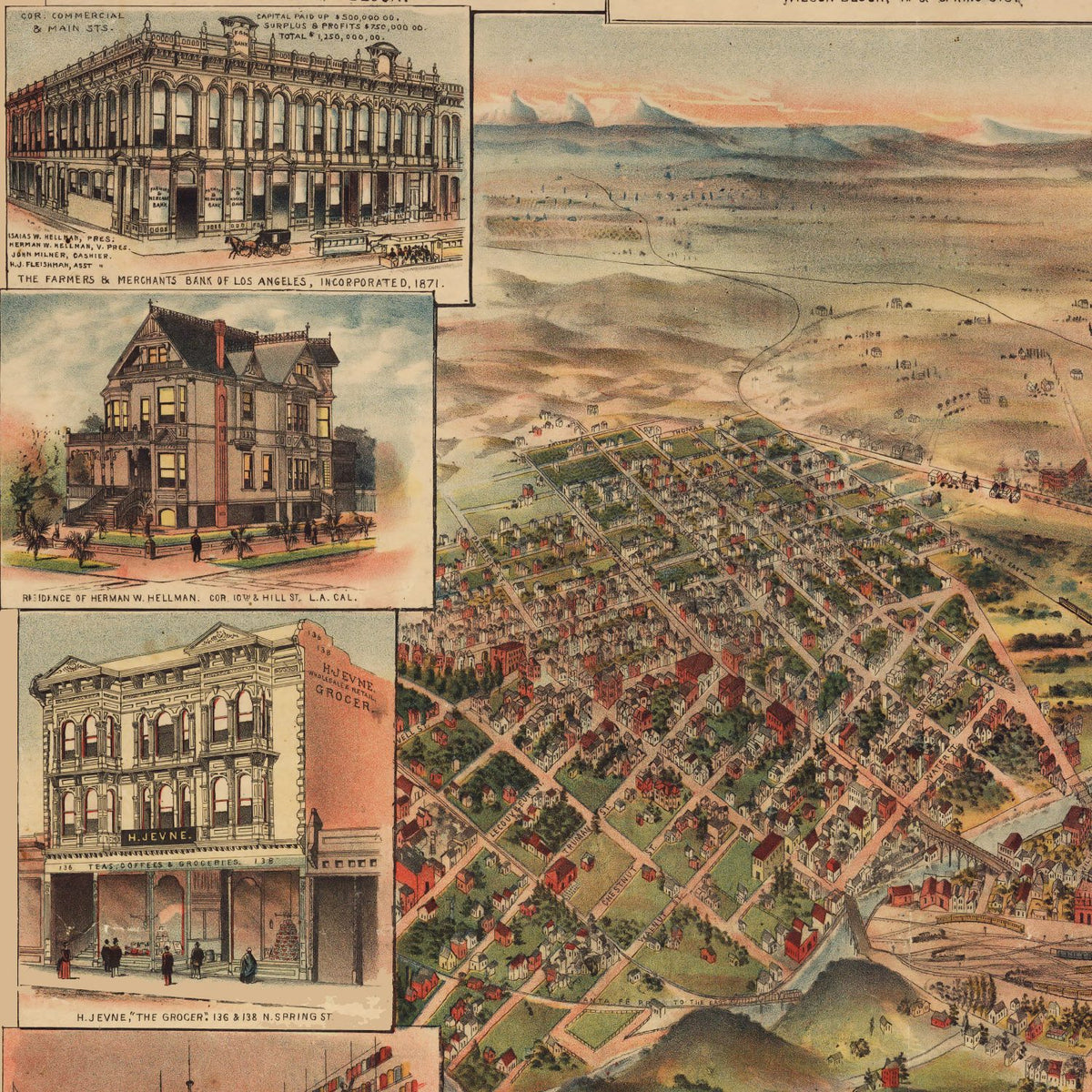 Close-up detail of the Los Angeles 1891 Panoramic Map print