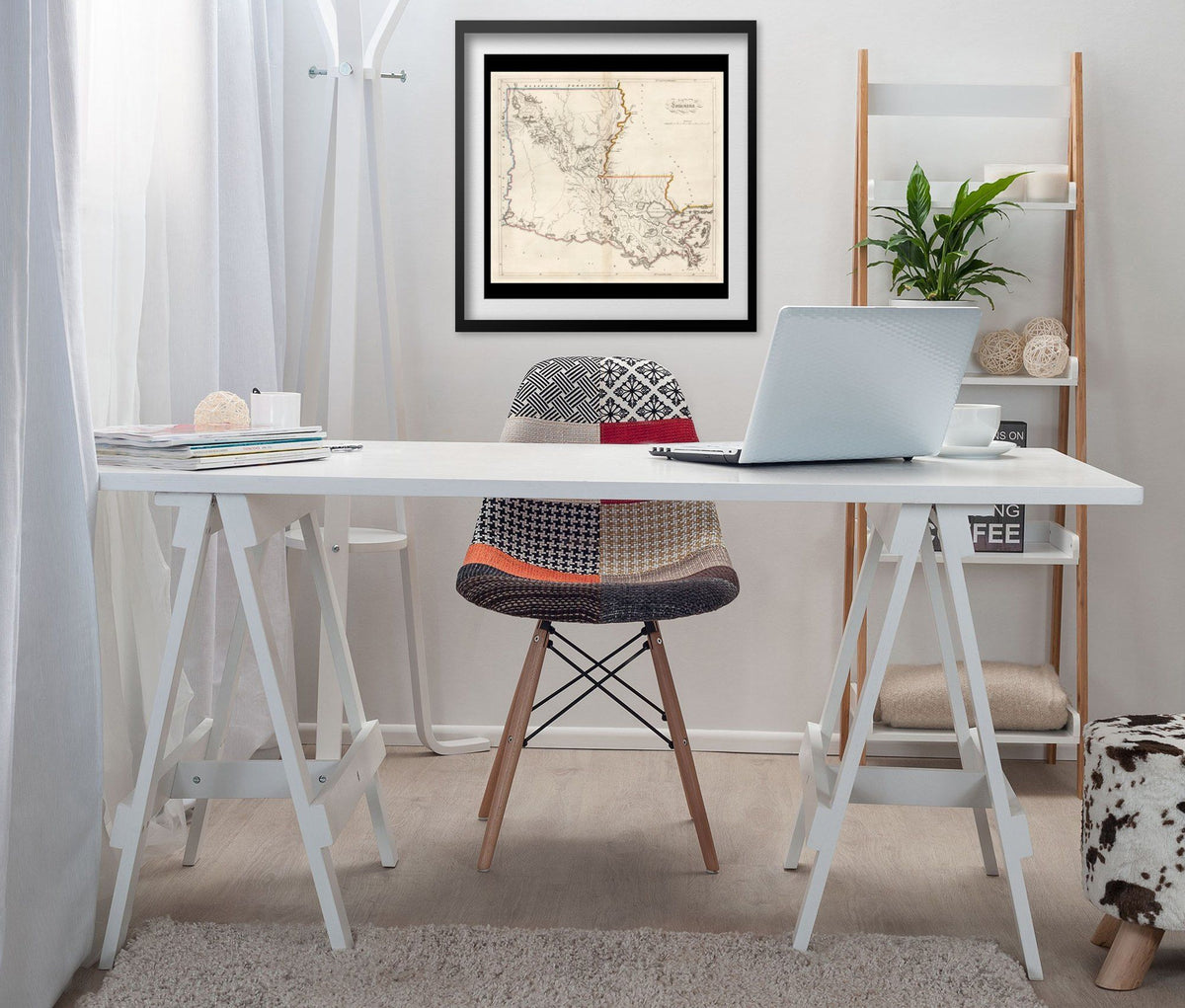 Louisiana 1814 Map print framed above a white desk in a home office